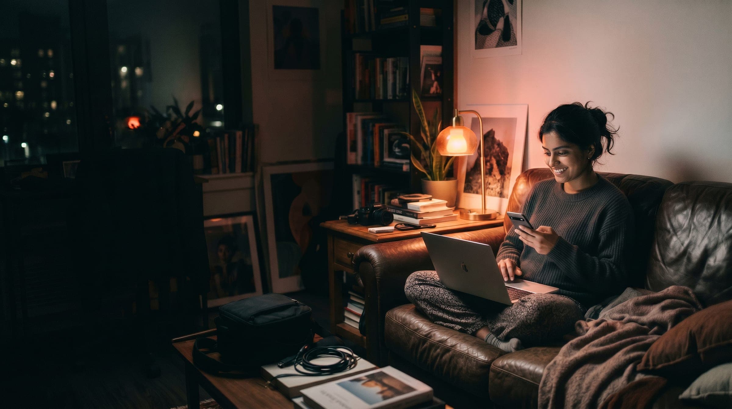 A creator working at night with a laptop and phone in a warm-lit apartment